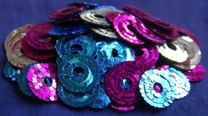 Scattered Metallic Coins on Blue Velvet Fabric