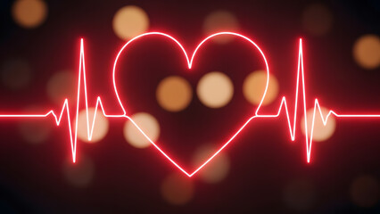 Neon red glowing heart shape integrated into a heartbeat pulse line against a dark background with warm bokeh lights