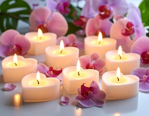 A romantic composition features heart-shaped candles illuminated by soft flames, nestled amongst delicate pink orchids and green leaves
