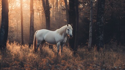 A white horse stands in a sunlit clearing in a forest, with tall trees surrounding it.