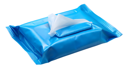 A blue package of wet wipes on a black background