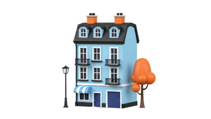 Cartoon Blue House with Orange Tree and Lamp Post