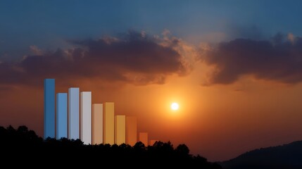 Colorful bar graph descending against a vibrant sunset illustrating a declining trend or economic shift