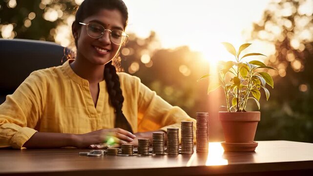 A woman wearing a yellow shirt sits at a table, arranging stacks of coins next to a potted plant. The warm sunlight enhances the scene, emphasizing the coins and the green plant. (179)