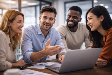 Diverse team collaborating on laptop in modern office space