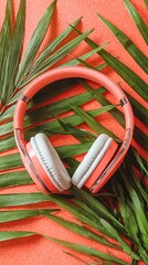 Pink Headphones and Tropical Leaves Flat Lay