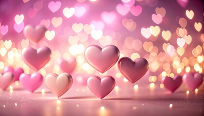 A romantic scene with floating, glossy pink hearts against a blurred background of heart-shaped bokeh lights. The scene has soft lighting
