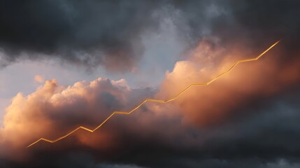A golden upward trending graph line emerges from dramatic sunset clouds symbolizing growth and hope