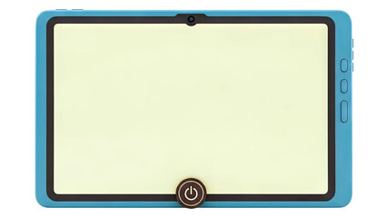 Teal tablet with yellow screen and power button