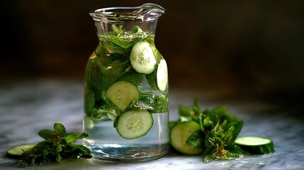 Refreshing Cucumber And Mint Infused Water In Glass Pitcher
