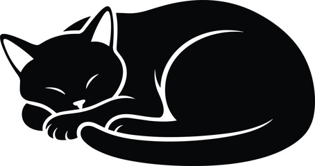 Sleeping black cat silhouette vector illustration curled up in a peaceful resting position isolated on white background. © PJ DeSign