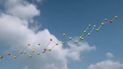 Abstract colorful data network graph ascending on a vibrant blue sky with clouds