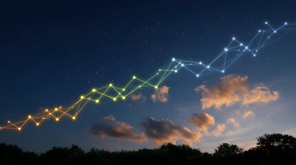 Abstract digital network graph glowing with changing colors ascends through twilight sky