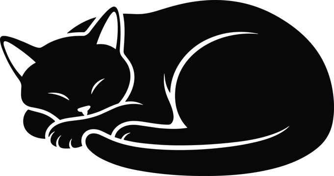 Sleeping black cat silhouette vector illustration curled up in a peaceful resting position isolated on white background.