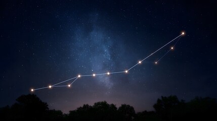 A celestial constellation visualized as an upward trending graph with data points shines in the starry night sky above dark silhouetted trees