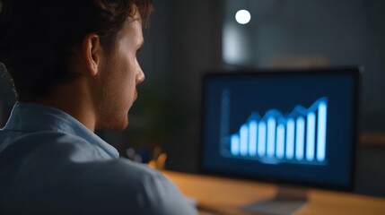A man in a light blue shirt looks at a computer screen displaying a blue bar graph showing upward growth in a dimly lit room