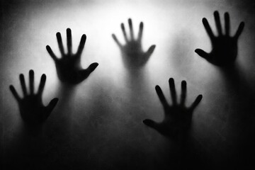 Silhouettes of hands reaching out in darkness