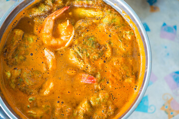 Acacia leave omelet and shrimp in spicy sour soup, Thai food