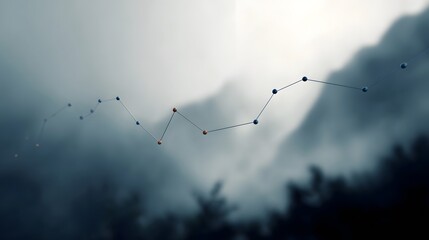 Abstract digital data line graph with connected points moves through a foggy mountain environment symbolizing trends and analysis