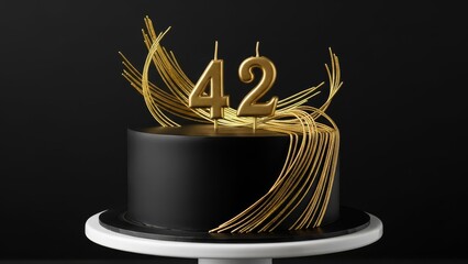 Elegant Black Birthday Cake with Gold Number 42 Candles and Swirling Gold Ribbons