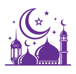 Purple mosque silhouette with crescent moon and stars at night  Islamic architecture symbol