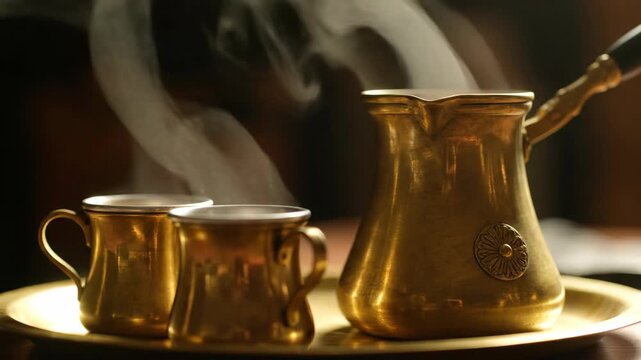 Traditional Brass Coffee Pot with Steaming Cups on Tray