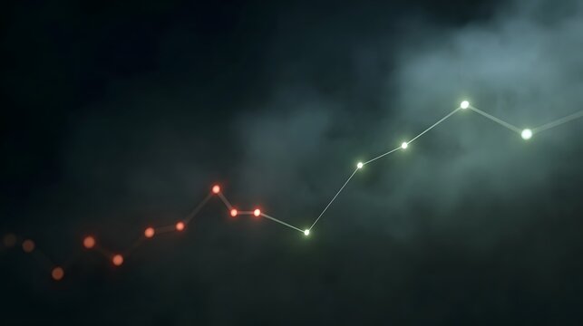Abstract data trend line graph with glowing points transitioning from red to green in a misty atmosphere - Powered by Adobe