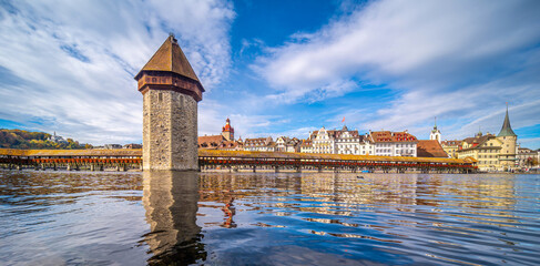 Lucerne city skyline with the Chapel Bridge,  Switzerland