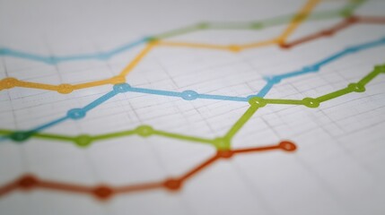 A close up of a colorful line graph displaying trends and data points on a grid symbolizing analysis and growth