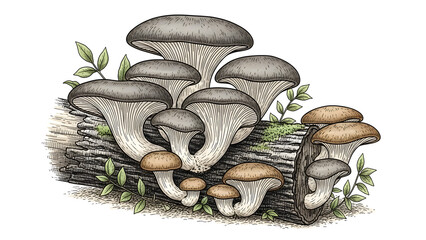 A detailed vintage style illustration of oyster mushrooms growing on a fallen tree log