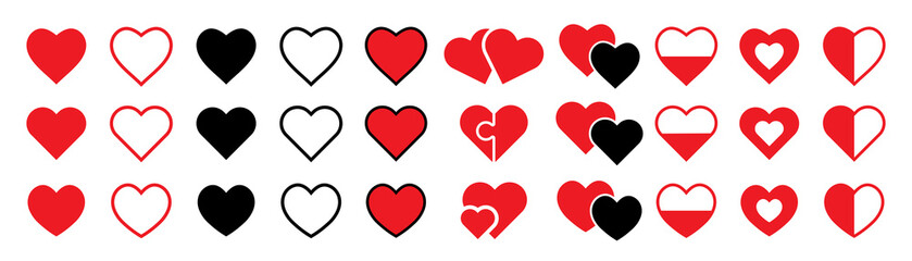 Hearts isolated on white. Hearts in linear and flat. Love icon. Valentines day signs or symbols. Vector illustration.