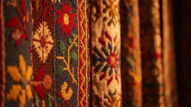 Traditional embroidered tapestry with vibrant patterns and warm lighting