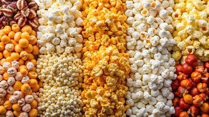 A vibrant assortment of gourmet popcorn flavors arranged in a colorful display