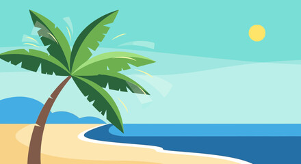 Fototapeta premium Cartoon tropical beach landscape with palm tree sun and calm ocean scenery vector background