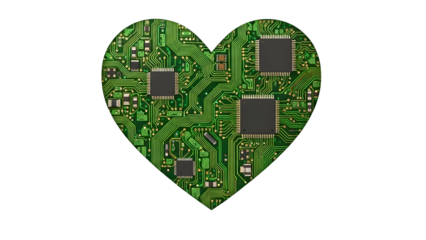A heart-shaped circuit board glows green against a black background symbolizing technology and love