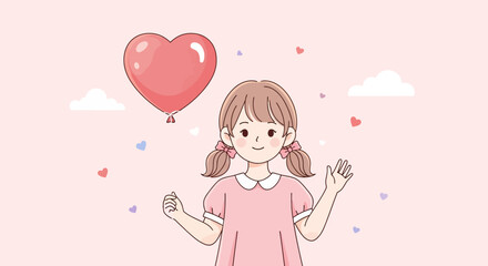 Charming cartoon illustration of a girl with heart balloon on pink background creating a sense of