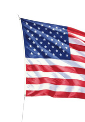 Fototapeta premium A hand-painted watercolor of the united states flag billowing on a silver flagpole isolated on a white background. Concept of american patriotism