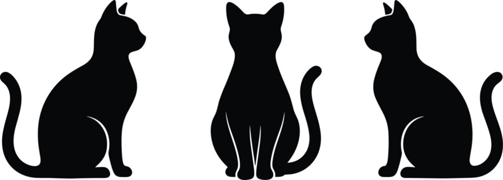 Three black cat silhouettes in sitting positions including side profile and front views isolated on a white background.