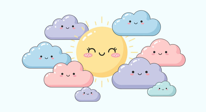 Cute and colorful cartoon illustration of a happy sun surrounded by smiling clouds