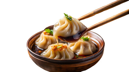 A steaming bowl of dumplings being lifted with chopsticks against a dark background