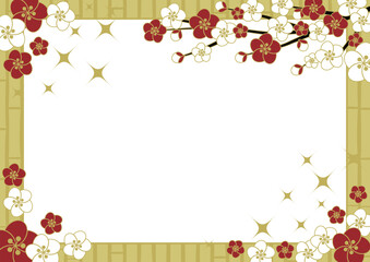 梅と竹垣、金、フレームイラスト、かわいい、シンプル、横