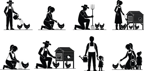 Black silhouette icons of farmers tending to chickens feeding poultry and watering plants for rural agriculture organic homesteading farm life and gardening design illustration. © Its Ariful 