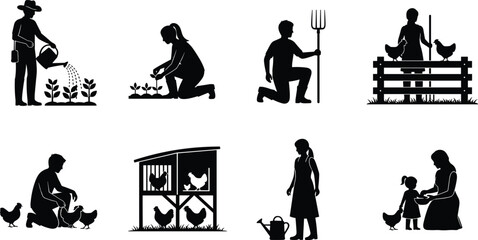 Black silhouette icons of diverse farmers gardening watering plants tending to chickens and working on a rural farm for agricultural and homesteading design. © Its Ariful 