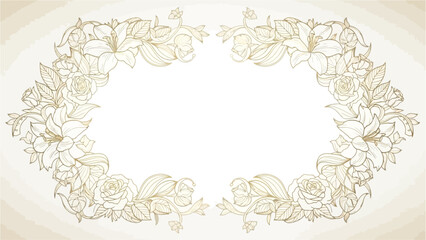 Elegant golden floral frame with intricate lily and rose line art on a light background, perfect for decorative designs.