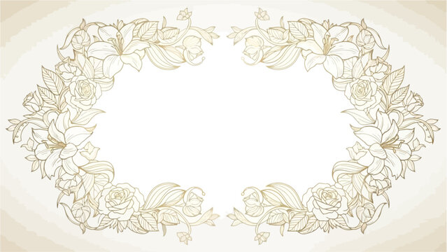 Elegant golden floral frame with intricate lily and rose line art on a light background, perfect for decorative designs.