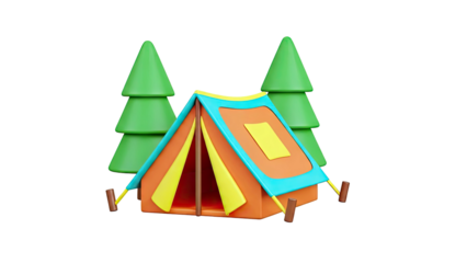 3D Cartoon Tent and Pine Trees