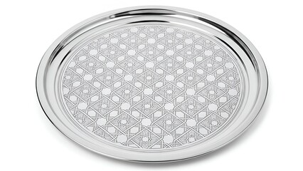 Silver serving tray with geometric Islamic pattern displayed on a plain background from a top viewpoint
