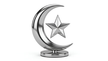 Silver crescent and star desktop ornament displayed on a metallic base