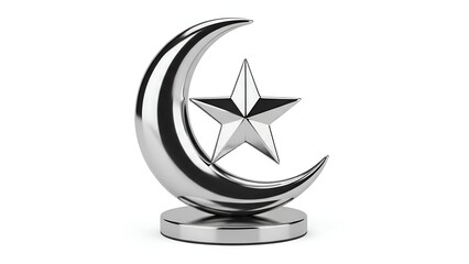Silver crescent and star desktop ornament displayed on a circular base from a frontal viewpoint