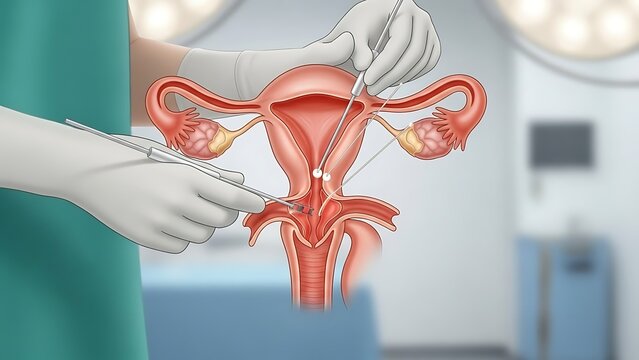 Illustration depicting a medical procedure of uterine fibroid embolization, highlighting the uterus, fallopian tubes, and ovaries